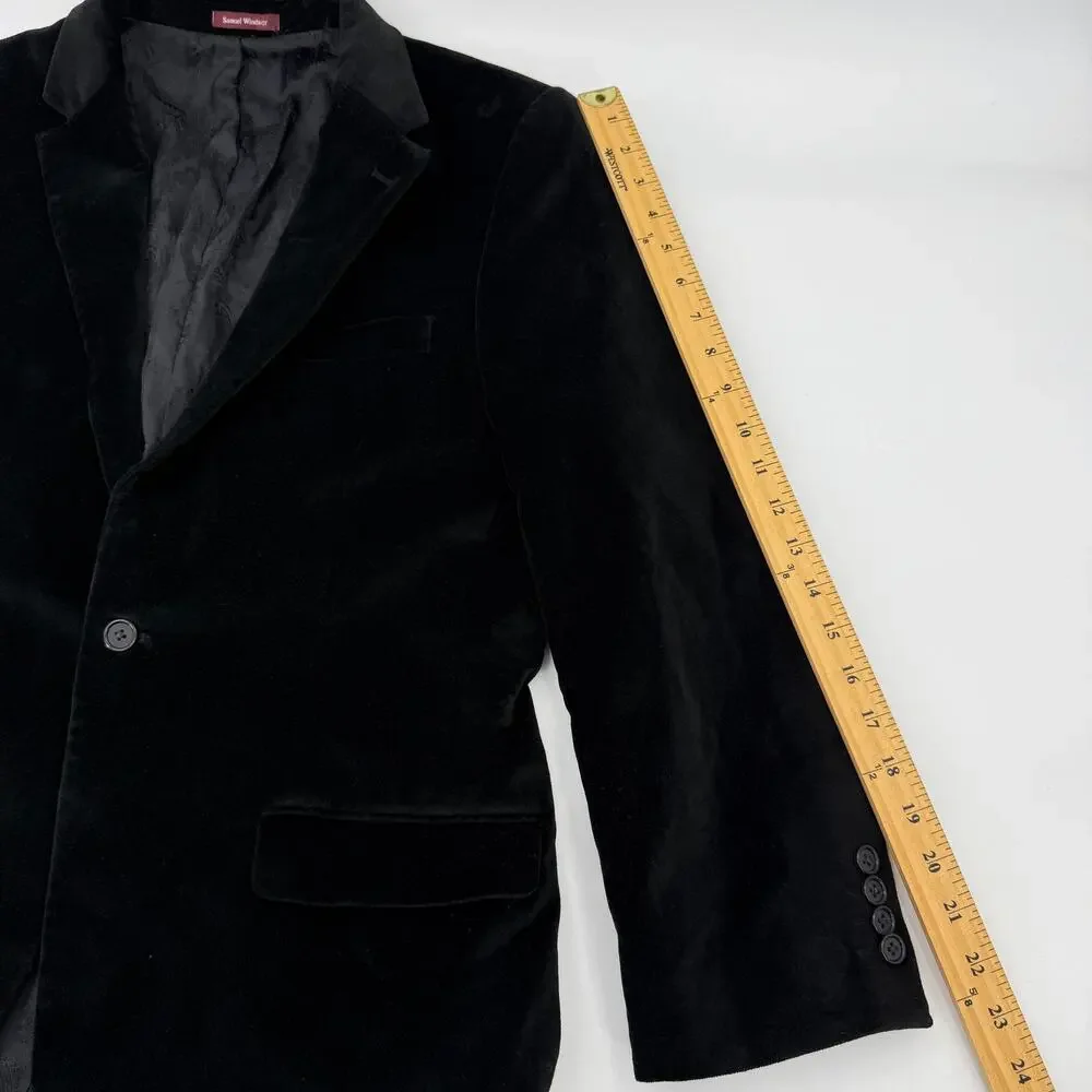 SAMUEL WINDSOR Mens Velvet Single Button Blazer Size 38S Black Regency Jacket